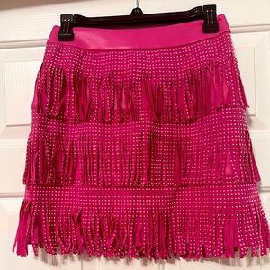 Pink Faux Leather Cowgirl Studded Fringe Skirt